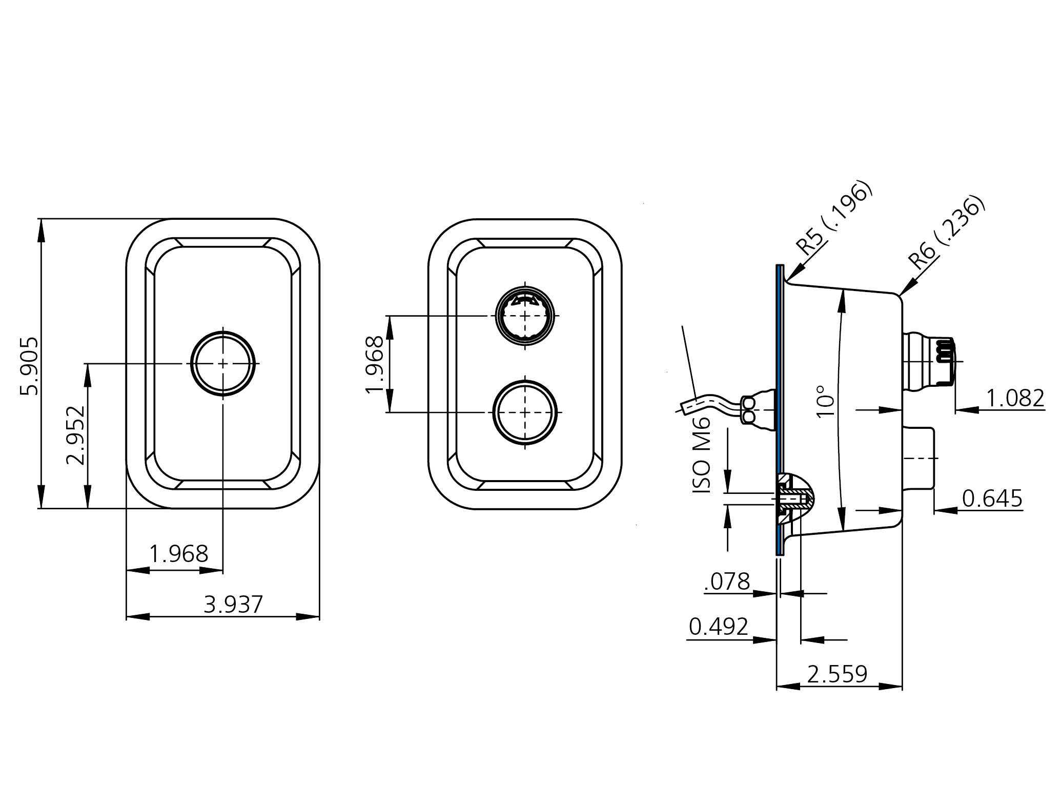 Technical drawing showing front and side views of TG5.HD push button housing with dimensions and cable exit details